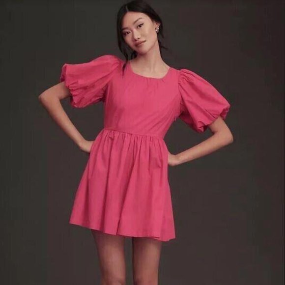 By Anthropologie Puff-Sleeve Romper Dress Cotton Poplin Pink Resort XS-2